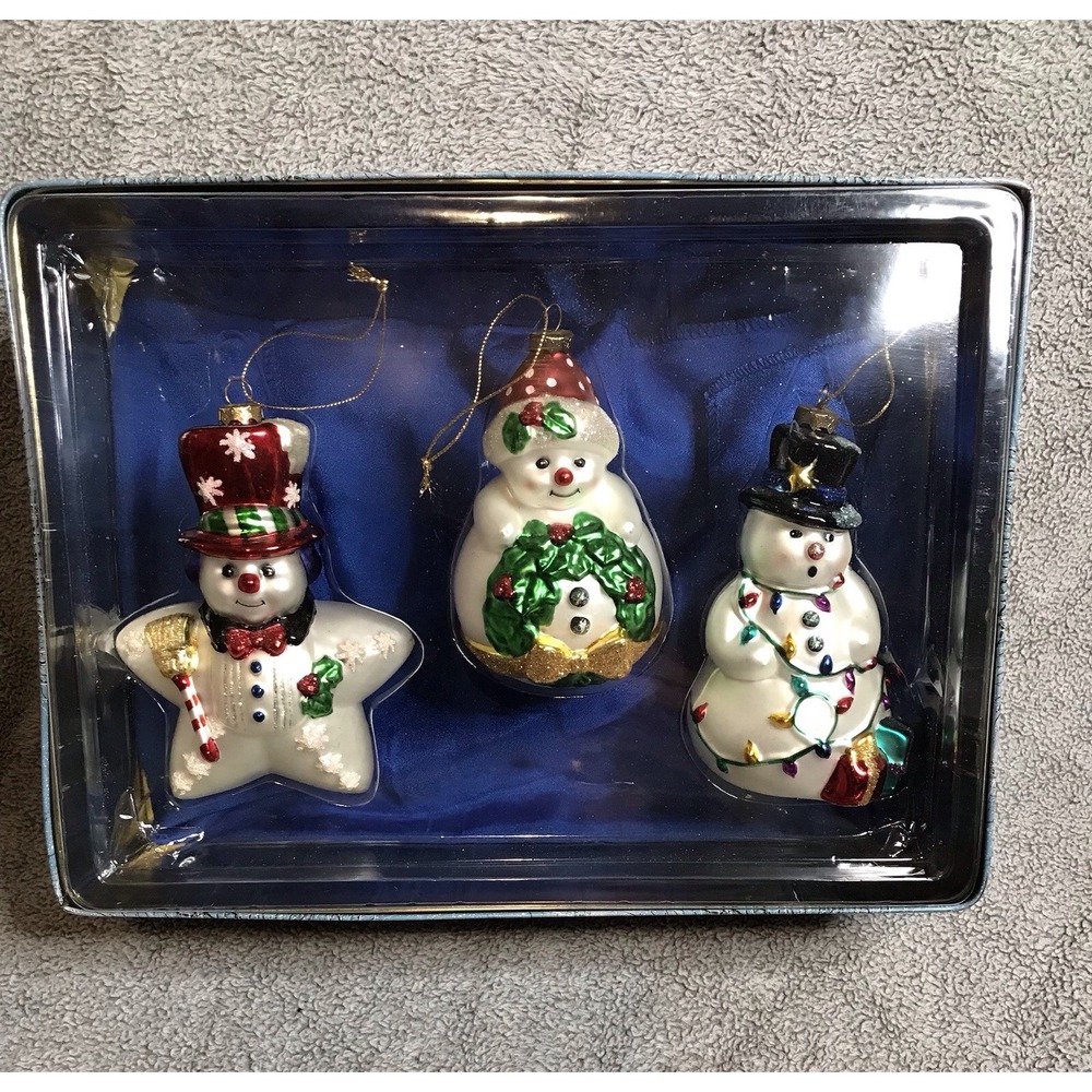 Vintage 1999‎ Belk Blown Glass Christmas Ornaments Snowmen in Collectors Tin